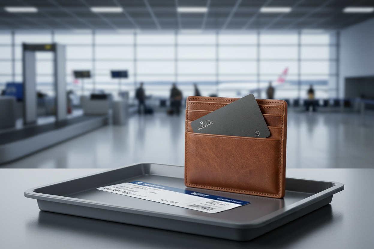 Glotracker ultra-thin card tracker with Apple Find My technology displayed on hero banner - fits in wallet, passport holder, or bag